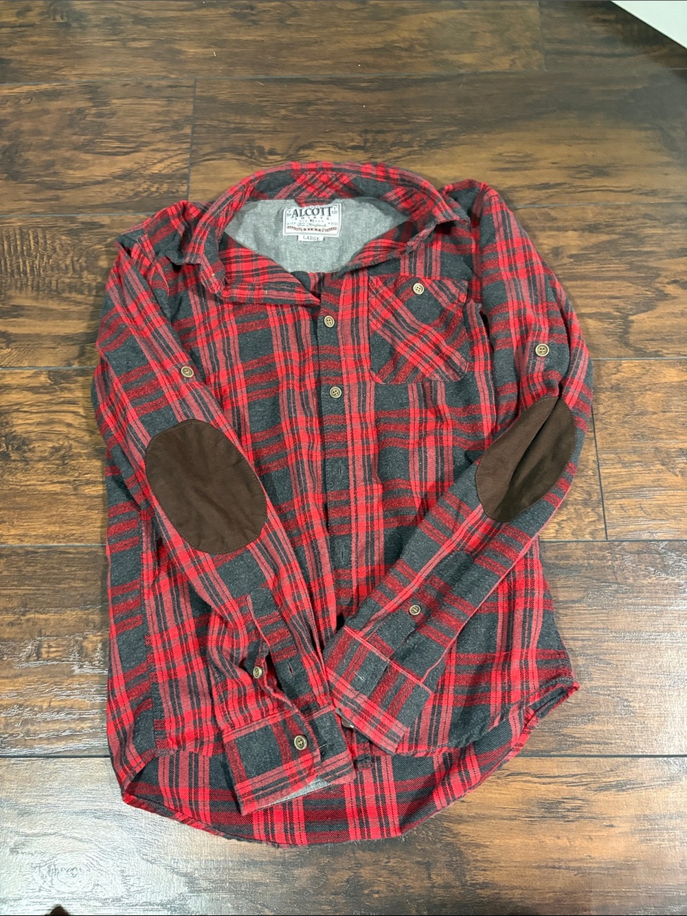 Alcott Red and Gray flannel Shirt with Brown Elbow Patches